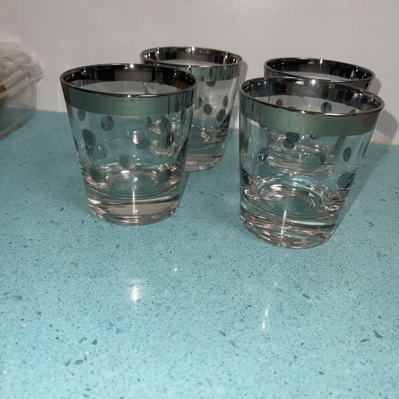 Dorothy Thorpe MCM Silver Rim Polka Dot Lowball Glasses Set of Four - Picture 1 of 11